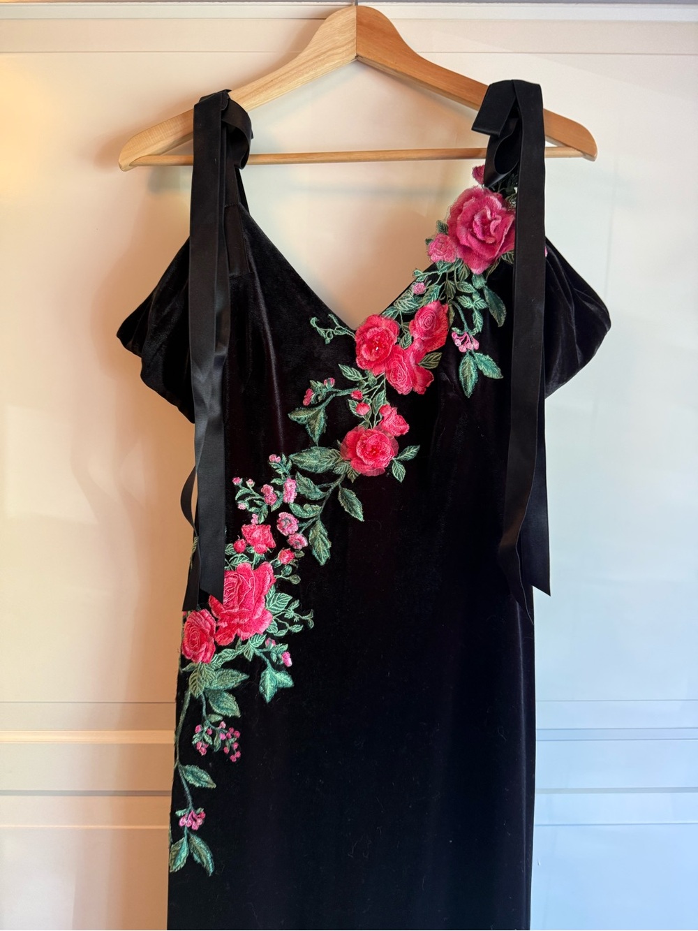 Tadashi Shoji Black Velvet Maxi Dress with Pink Rose Embroidery